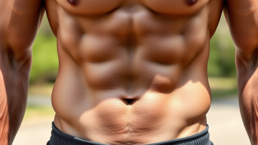 Fit individual's torso showing visible abs and muscle definition, post-workout or casual athletic wear, natural lighting emphasizing body composition