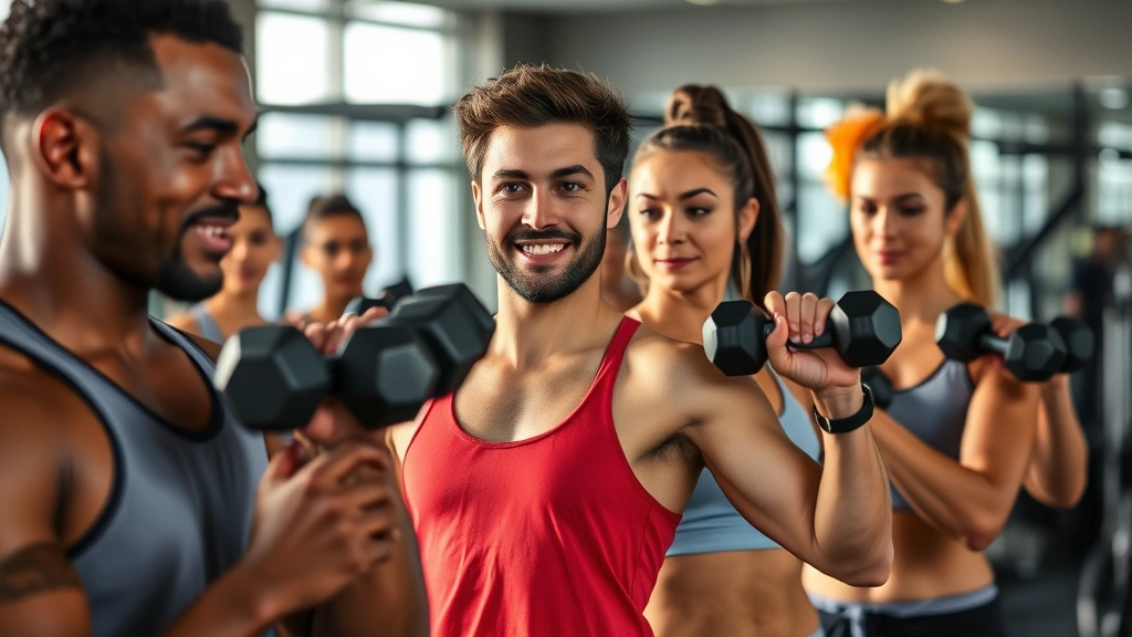 Early morning gym session with diverse individuals doing resistance training with dumbbells, showing real-world fitness community and consistency
