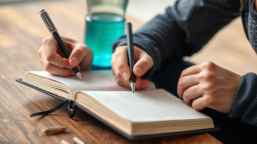 Close-up of someone writing workout notes in a journal with a water bottle nearby, capturing the tracking and reflection aspect of sustainable fitness habits