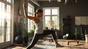 Person doing a morning workout routine in their home gym, stretching with natural sunlight coming through windows, focused and energized, realistic gym setting