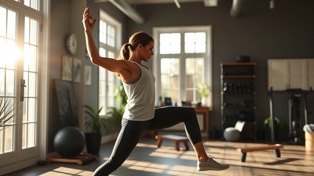 Person doing a morning workout routine in their home gym, stretching with natural sunlight coming through windows, focused and energized, realistic gym setting