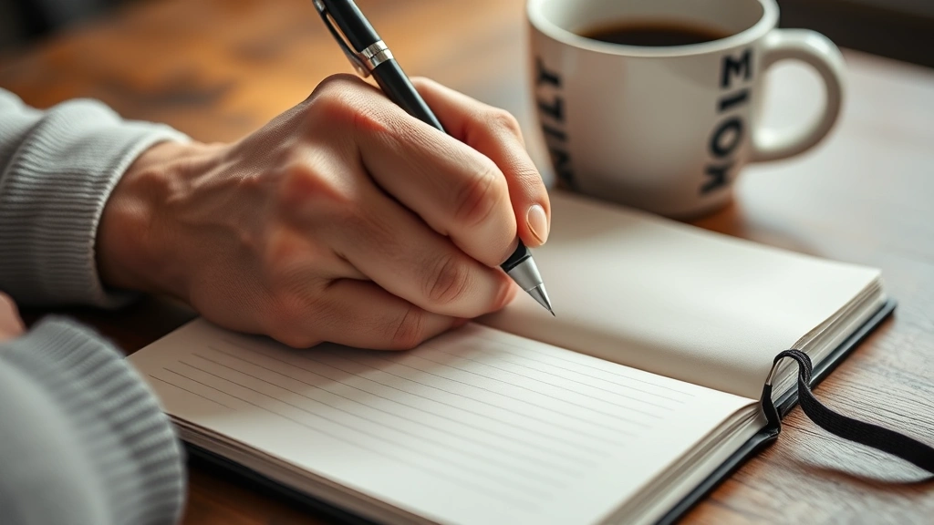 Close-up of hands writing in a fitness journal or notebook with a pen, tracking workout progress, coffee cup nearby, morning routine aesthetic