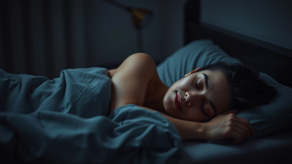 Person sleeping peacefully in a dark bedroom with comfortable bedding, peaceful recovery scene, representing rest and recovery as part of fitness journey