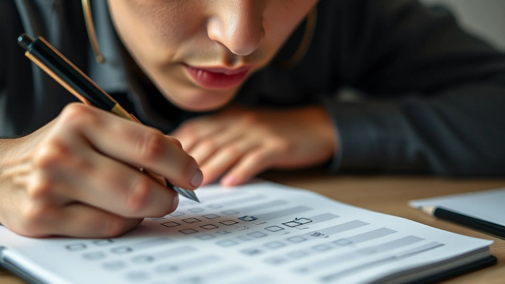 Close-up of someone checking off boxes on a paper calendar or habit tracker with a pen, focused and motivated expression, natural desk lighting, simple notebook setup