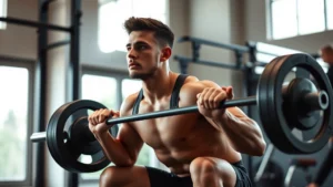 Athletic person doing a barbell squat in a well-lit gym, focused expression, mid-rep with proper form, natural lighting