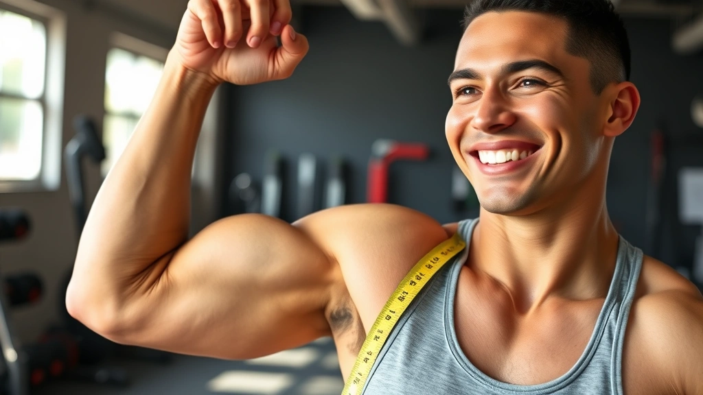 Person measuring their bicep with a tape measure, smiling, showing progress, natural gym lighting, casual athletic wear