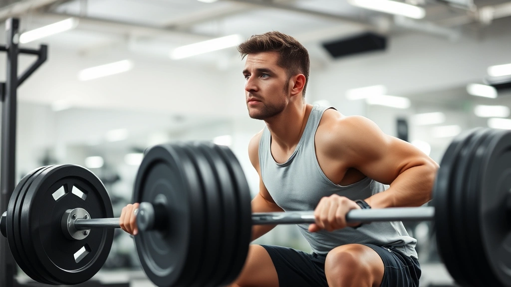 A person performing a controlled barbell squat with perfect form in a well-lit commercial gym, focused expression, mid-rep at parallel depth, no mirrors or digital displays visible