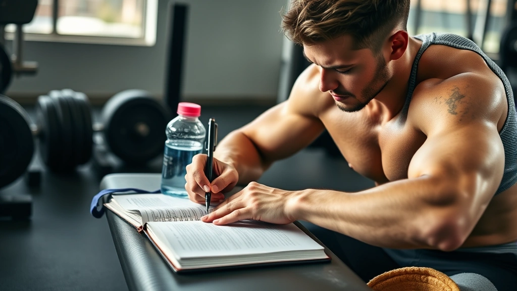 An athlete writing detailed notes in a training journal at a gym bench, pen in hand, surrounded by water bottle and towel, natural gym lighting, genuine concentration