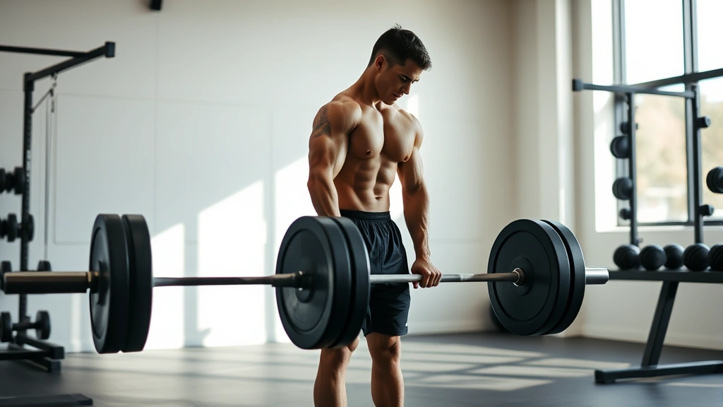 A fit individual doing a compound deadlift movement with controlled form, engaged core, neutral spine, in a minimalist gym environment with natural lighting, no text on any equipment