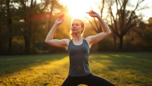 Person in athletic wear doing morning stretches outdoors in golden sunlight, focused expression, natural park setting with trees in background