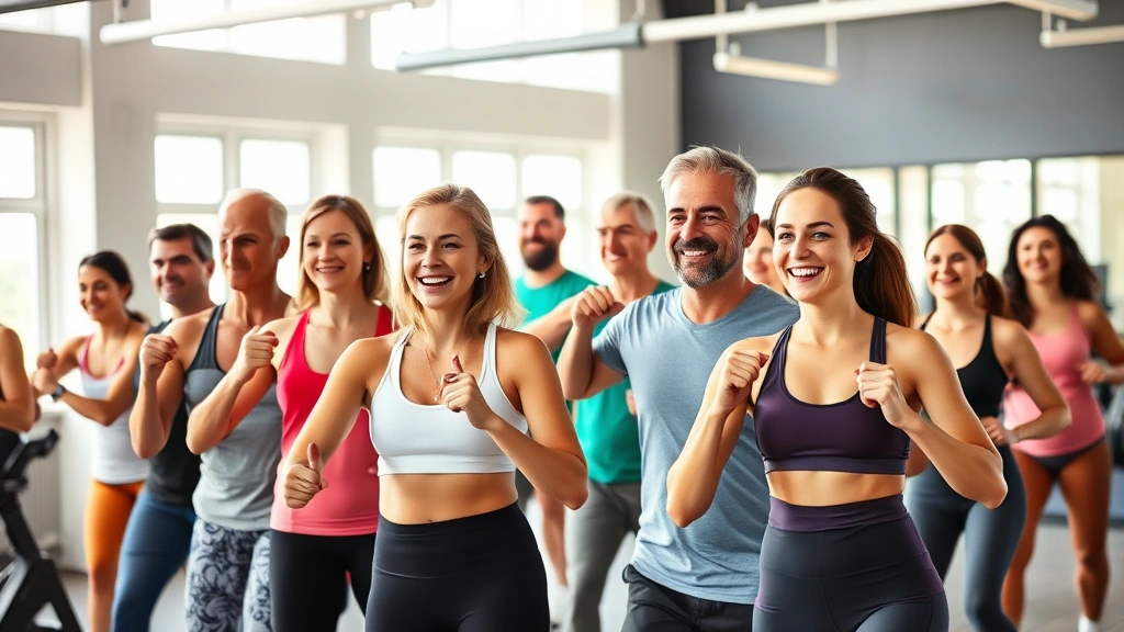 Diverse group of people exercising together in bright, welcoming gym environment with natural light, showing various fitness levels and ages smiling