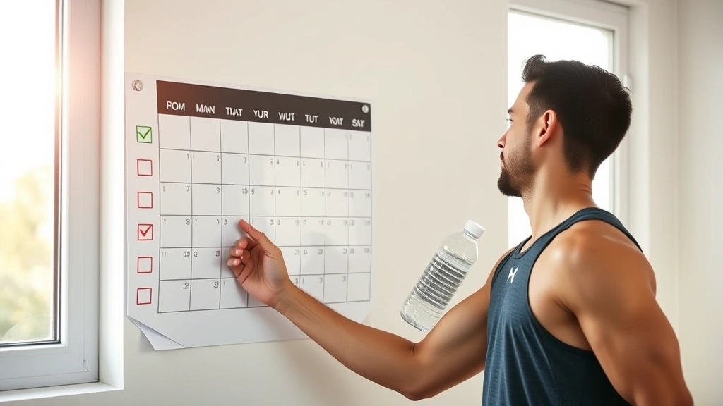 Athlete checking progress on simple wall calendar with check marks, holding water bottle, morning light through window, motivational but realistic scene