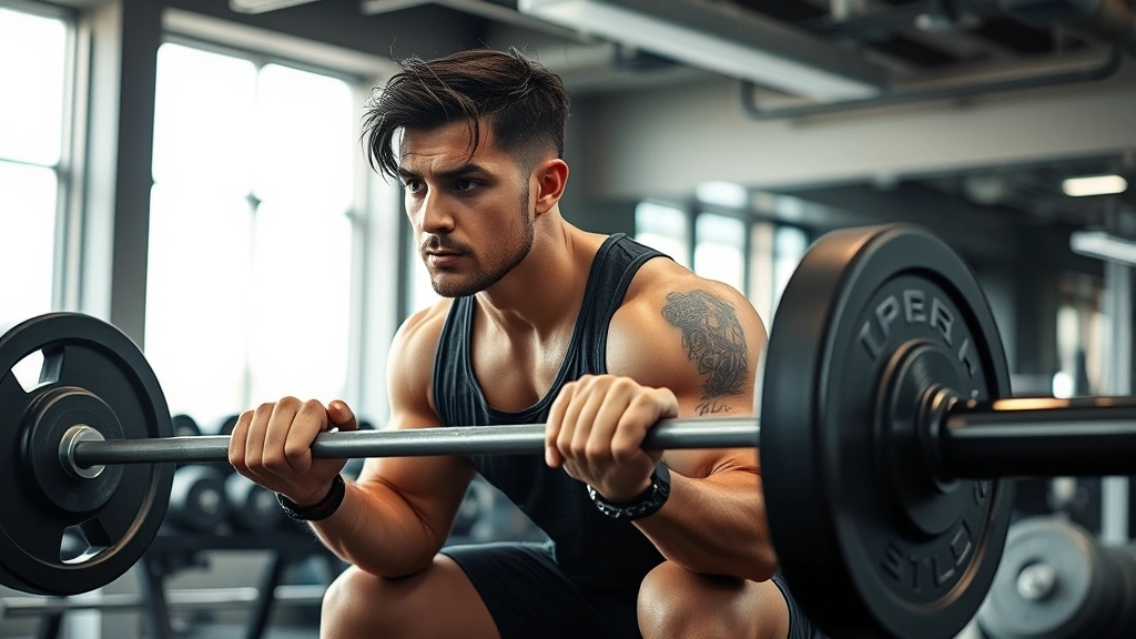 A person in a modern gym performing a heavy barbell squat with intense focus, wearing athletic gear, dumbbells and plates visible in background, natural gym lighting, determined expression