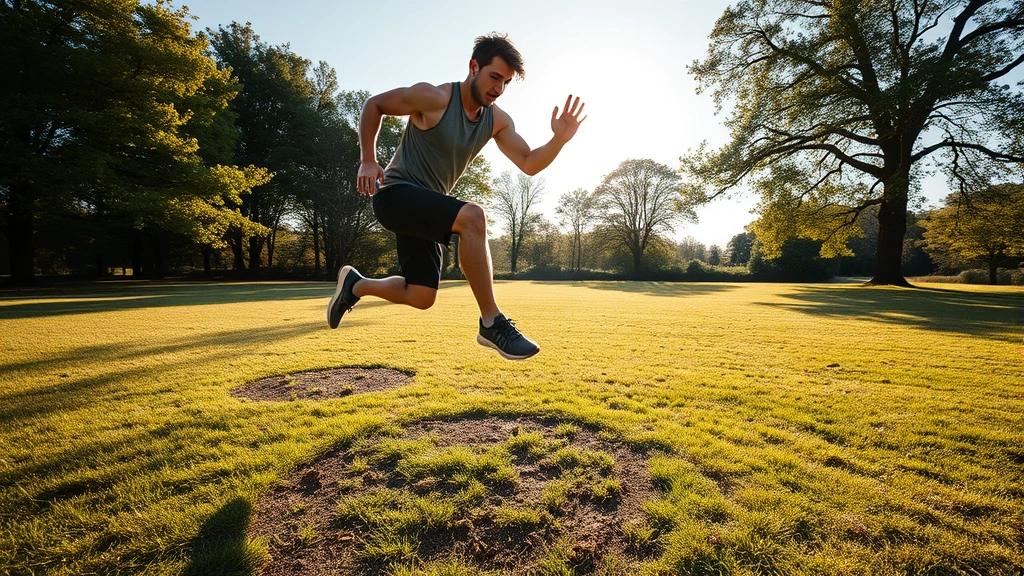 An athlete doing explosive plyometric training outdoors on a sunny day, mid-jump with athletic form, grass field with trees, energetic and powerful movement captured