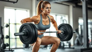 Athletic woman performing a perfect barbell squat in a modern gym, muscles engaged, focused expression, natural lighting from large windows, gym environment visible but blurred in background