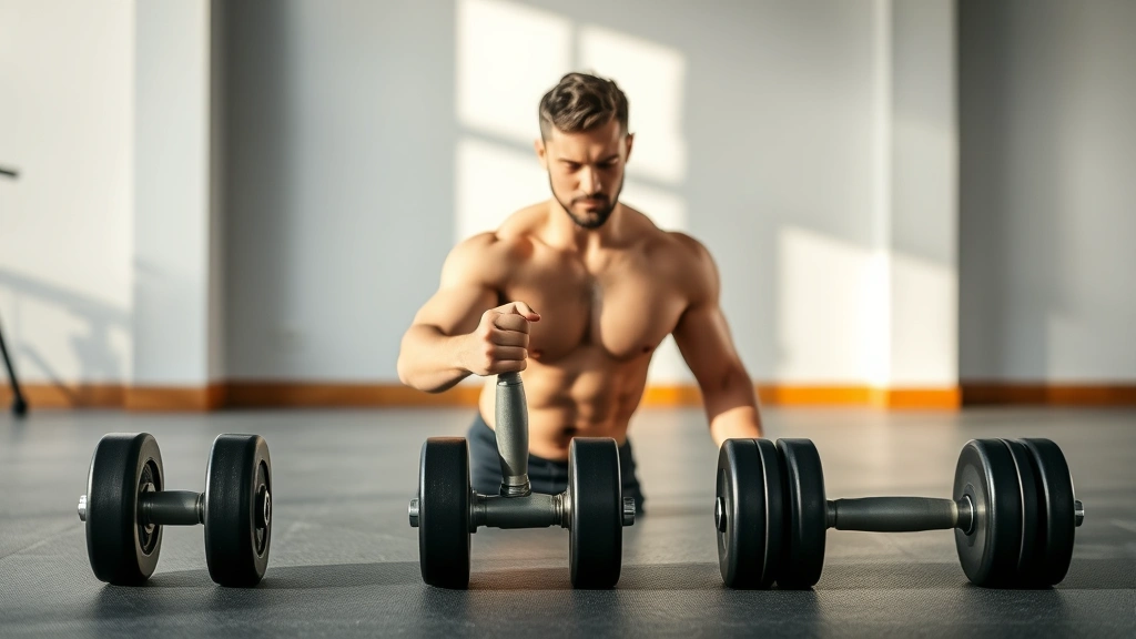 Male athlete progressively increasing dumbbell weight across three dumbbells on a clean gym floor, strong form demonstrated, natural gym setting, morning light, showing progression from lighter to heavier weights