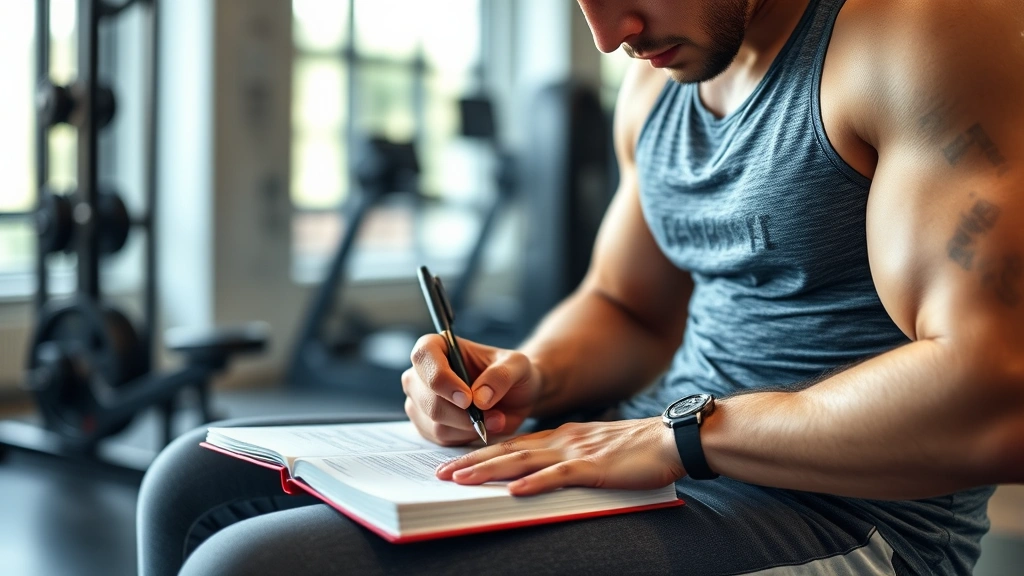 Fit person writing workout notes in a notebook at a gym bench, tracking progress, pen in hand, genuine concentration, modern clean gym interior, natural daylight, showing the importance of logging training data
