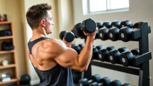 Person doing a dumbbell workout in a home gym with dumbbells on a rack, focused form, natural lighting from a window, casual athletic wear, mid-rep concentration