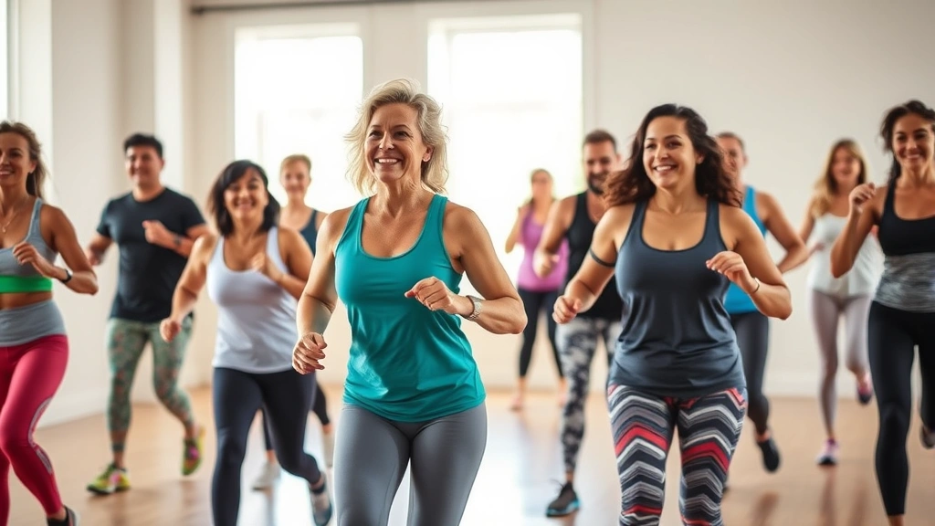 Group of diverse people of different ages and body types doing a group fitness class together, smiling and moving, bright studio lighting, inclusive and motivating energy