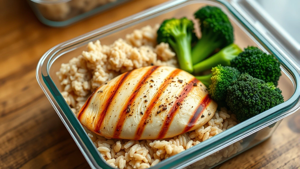 Close-up of a meal prep container with grilled chicken breast, brown rice, and steamed broccoli, wooden table, natural daylight, healthy whole foods preparation