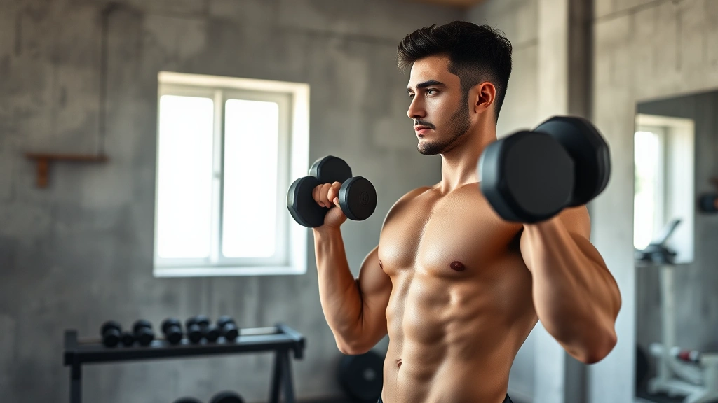 Fit person performing dumbbell rows in a minimalist home gym with concrete walls, natural window light, focused expression, no mirrors or digital displays visible