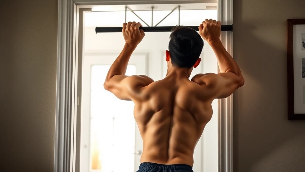 Athlete performing pull-ups on a basic doorway pull-up bar, core and back muscles flexed, home interior background, daylight streaming through window