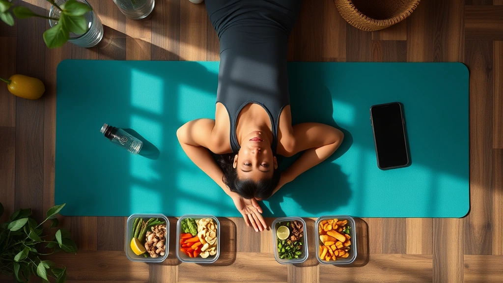 Overhead shot of a recovery setup: person lying on yoga mat stretching, water bottle nearby, healthy meal prep containers visible, peaceful gym or home environment