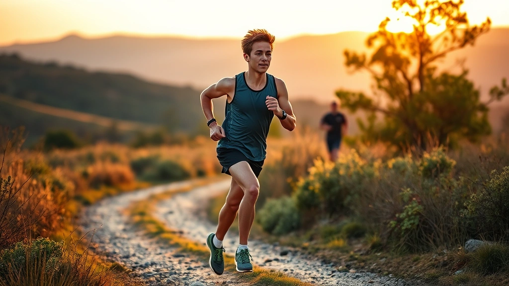 Young athlete running outdoors on a trail during golden hour, athletic wear, focused and energized expression, natural landscape background, motion captured naturally