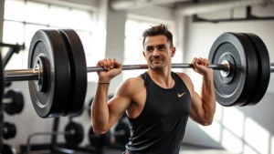 Person mid-deadlift in a modern gym, focused expression, proper form, natural lighting from gym windows, athletic wear