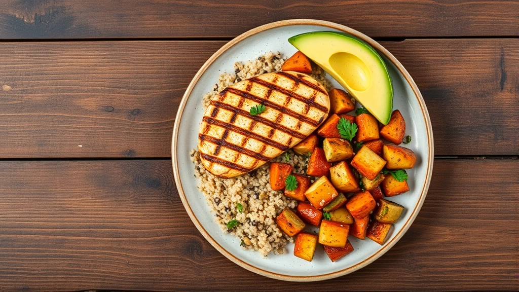 Overhead shot of a balanced meal plate with grilled chicken breast, quinoa, roasted vegetables, and avocado on a wooden table