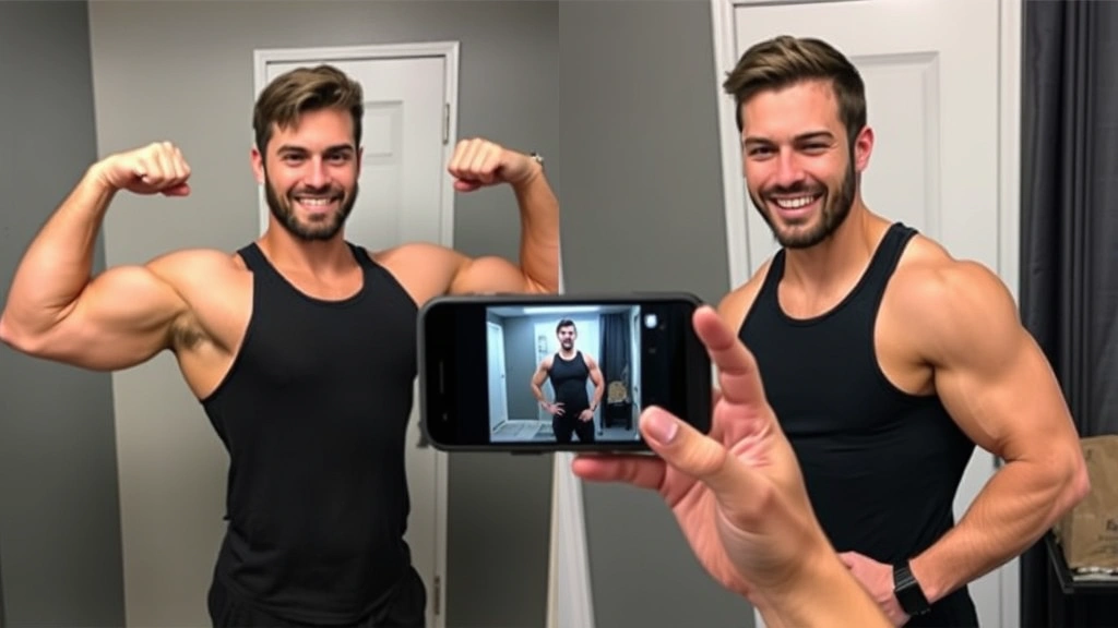 Someone flexing bicep while looking at progress photos on phone, genuine smile, showing transformation results side by side