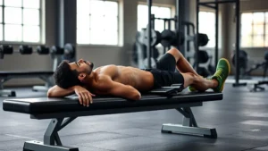 Athlete resting on a bench in a modern gym between sets, looking relaxed and focused, natural lighting from large windows, calm recovery atmosphere
