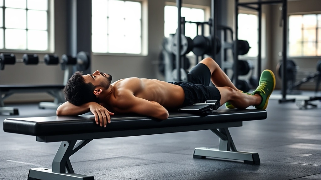 Athlete resting on a bench in a modern gym between sets, looking relaxed and focused, natural lighting from large windows, calm recovery atmosphere