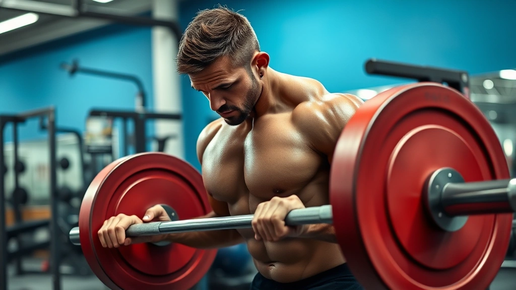 Muscular person performing a heavy deadlift with proper form in a well-equipped gym, intense concentration, sweat visible, dynamic movement captured