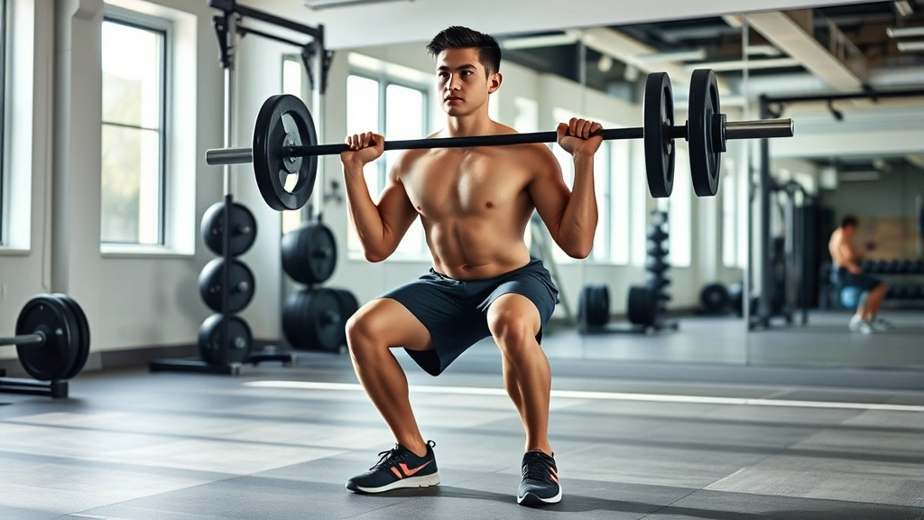 Person in athletic wear performing a barbell squat with perfect form, feet shoulder-width apart, chest up, in a clean gym with mirrors and natural light