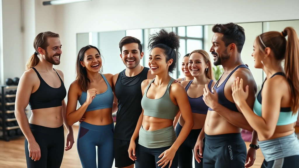 Diverse group of gym-goers laughing and celebrating together after a group fitness class, showing community and positive energy in a bright studio space