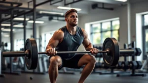 Person performing a controlled barbell squat with perfect form in a modern gym, looking focused and determined, natural lighting