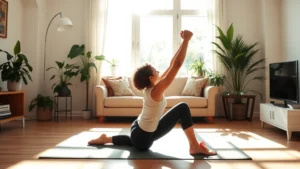 Person doing a home bodyweight workout in natural sunlight, focused and energized, minimalist living room setting with plants