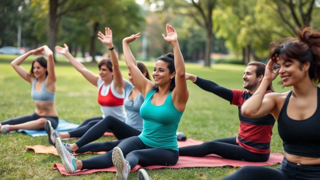 Diverse group of people stretching and recovering after outdoor workout, smiling and relaxed in a park setting