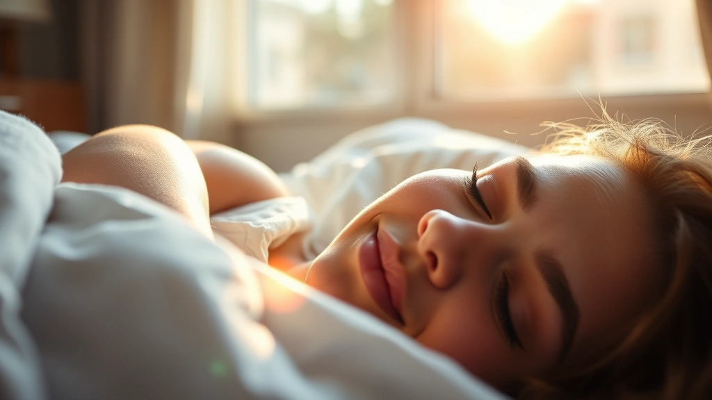 Close-up of someone sleeping peacefully, morning sunlight through window, serene bedroom environment emphasizing rest and recovery