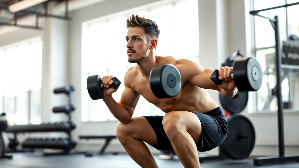 Athletic person performing a proper squat with dumbbells in a bright, modern gym with natural light, focused facial expression showing concentration and effort