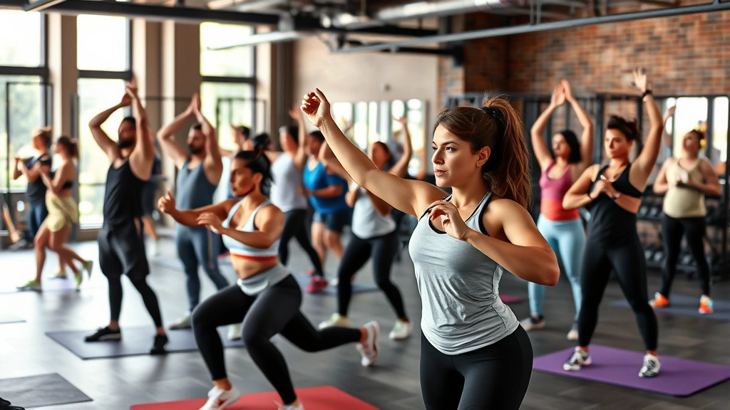 Group of diverse people doing various exercises in a gym—some stretching, some lifting, some doing cardio—representing different fitness levels and inclusive training community